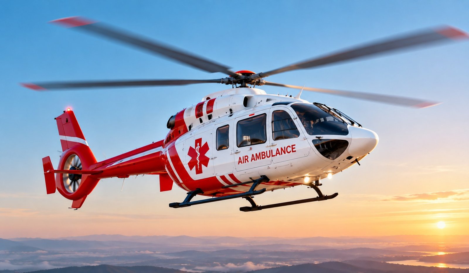 Air ambulance helicopter used for long-distance and intercity patient transport
